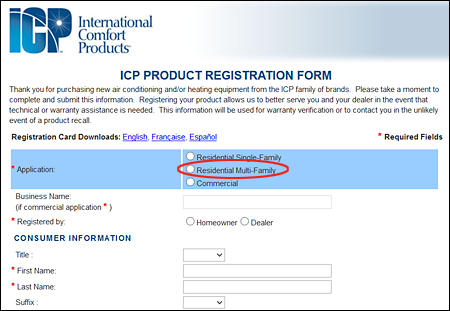 registration form warranty icp